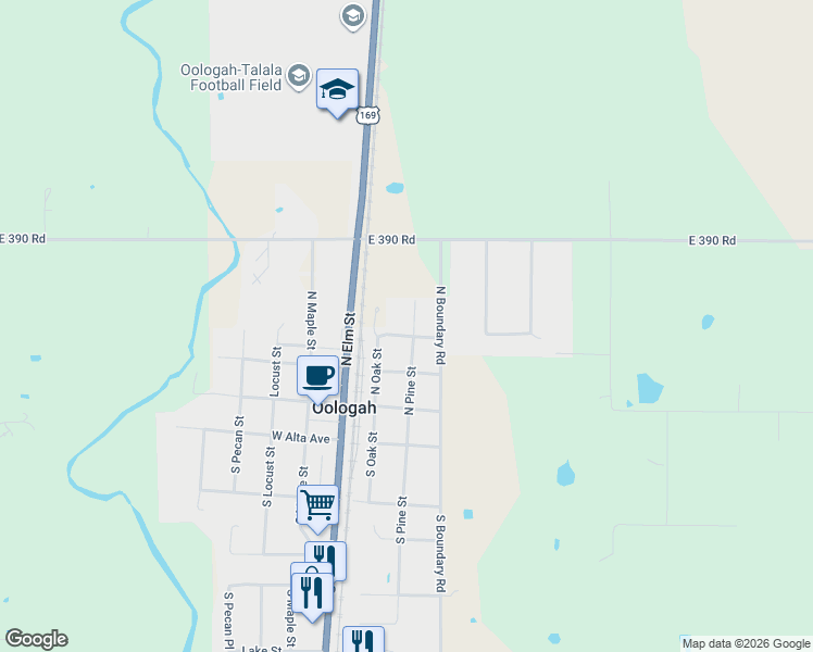 map of restaurants, bars, coffee shops, grocery stores, and more near 230 East Nelms Street in Oologah