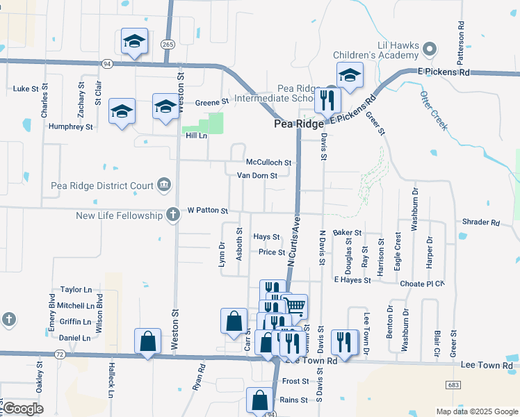 map of restaurants, bars, coffee shops, grocery stores, and more near 167 Patton Street in Pea Ridge