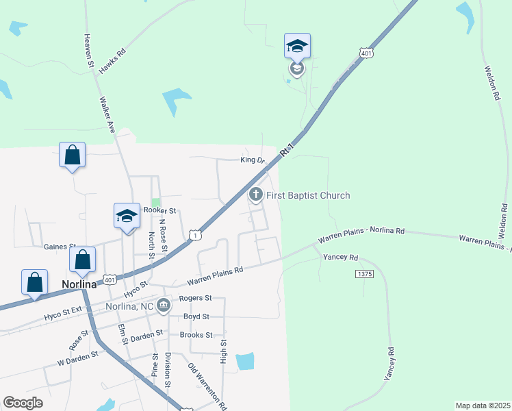 map of restaurants, bars, coffee shops, grocery stores, and more near 300 Washington Street in Norlina