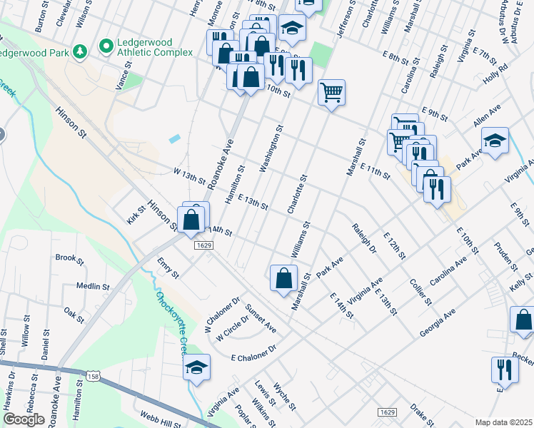 map of restaurants, bars, coffee shops, grocery stores, and more near 1314 Jefferson Street in Roanoke Rapids