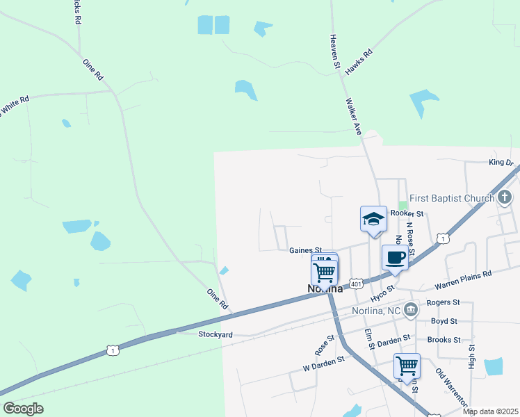 map of restaurants, bars, coffee shops, grocery stores, and more near 119 Forest Ln in Norlina