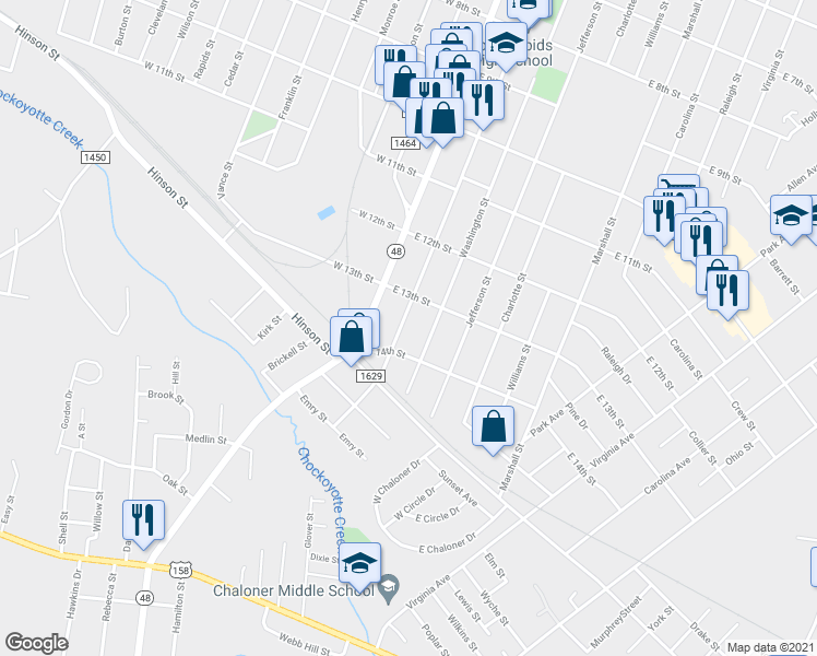 map of restaurants, bars, coffee shops, grocery stores, and more near 1320 Hamilton Street in Roanoke Rapids