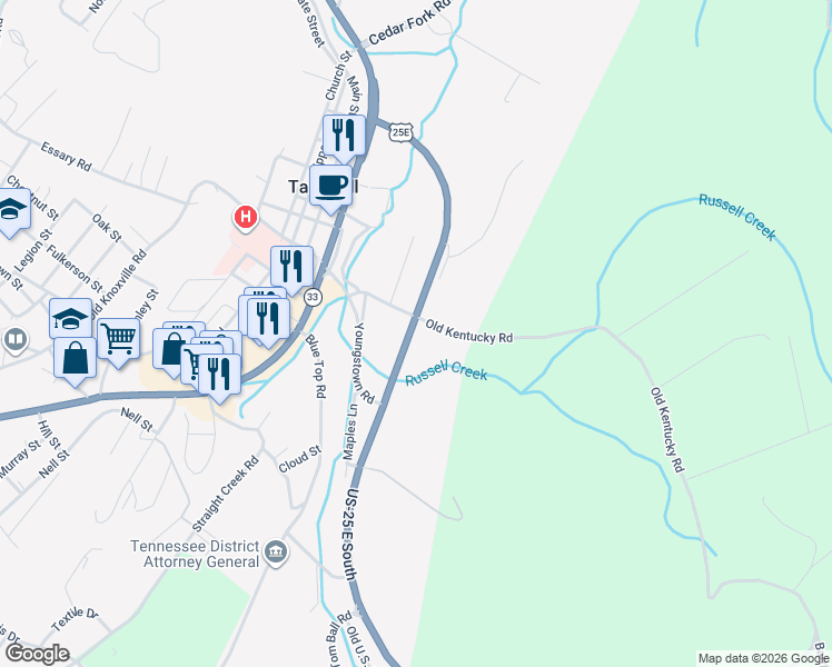 map of restaurants, bars, coffee shops, grocery stores, and more near 224 Youngstown Road in Tazewell