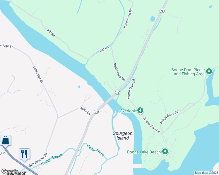 map of restaurants, bars, coffee shops, grocery stores, and more near 109 River Bridge Road in Kingsport