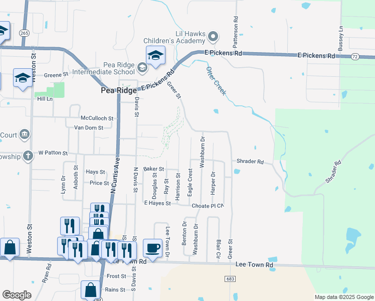 map of restaurants, bars, coffee shops, grocery stores, and more near 990 Harrison Street in Pea Ridge