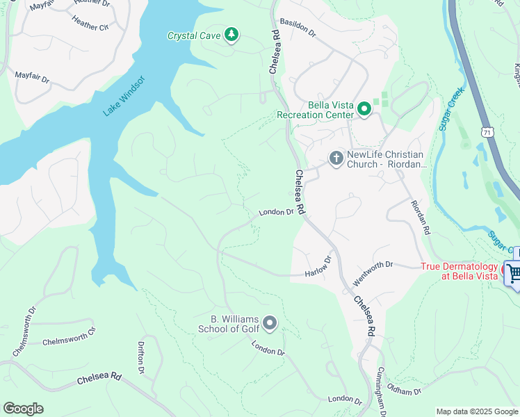 map of restaurants, bars, coffee shops, grocery stores, and more near 14 London Drive in Bella Vista