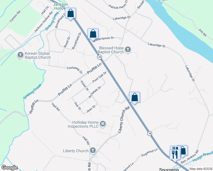 map of restaurants, bars, coffee shops, grocery stores, and more near 117 Archdale Drive in Kingsport