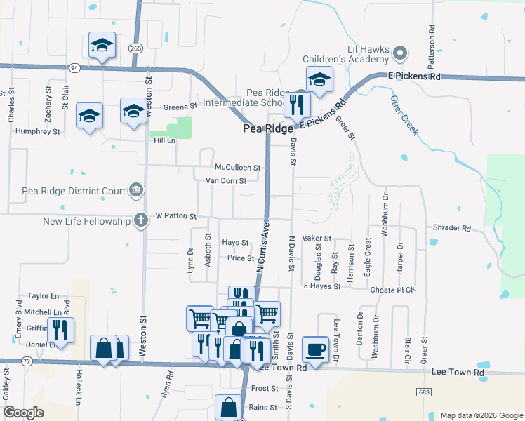 map of restaurants, bars, coffee shops, grocery stores, and more near 955 North Curtis Avenue in Pea Ridge