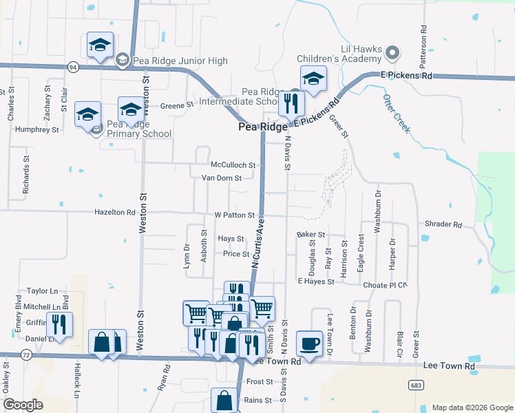 map of restaurants, bars, coffee shops, grocery stores, and more near 955 North Curtis Avenue in Pea Ridge