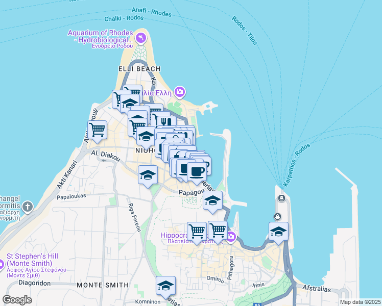 map of restaurants, bars, coffee shops, grocery stores, and more near Platia Eleftherias in Rhodes