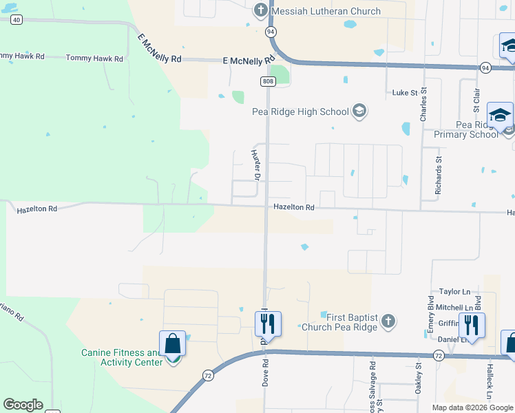 map of restaurants, bars, coffee shops, grocery stores, and more near County Road 807 in Pea Ridge
