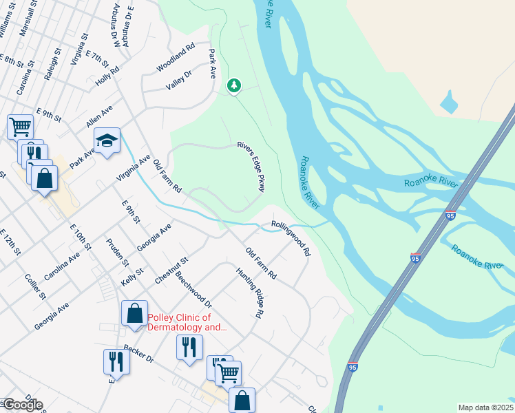 map of restaurants, bars, coffee shops, grocery stores, and more near 766 Rivers Edge Parkway in Roanoke Rapids
