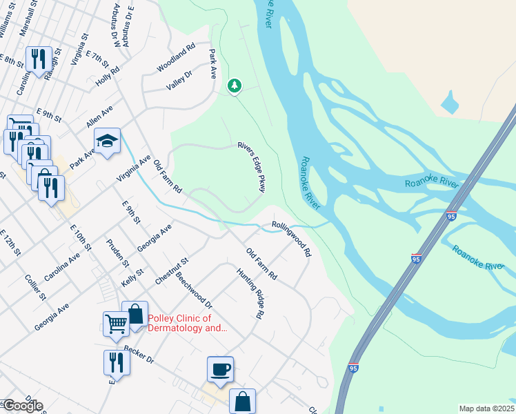 map of restaurants, bars, coffee shops, grocery stores, and more near 766 Rivers Edge Parkway in Roanoke Rapids