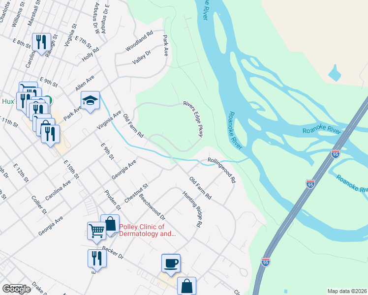 map of restaurants, bars, coffee shops, grocery stores, and more near 765 Rivers Edge Parkway in Roanoke Rapids