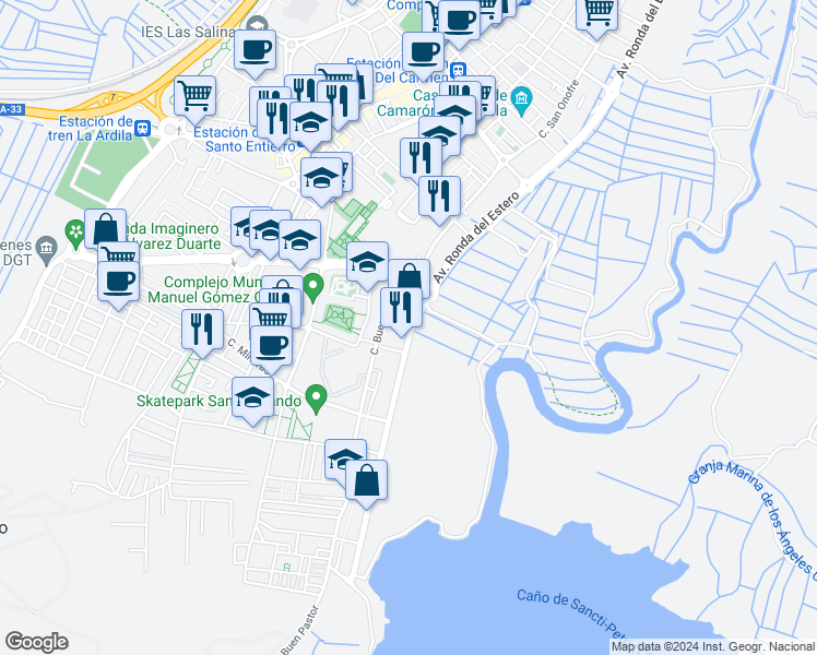 map of restaurants, bars, coffee shops, grocery stores, and more near 50 Avenida Ronda del Estero in San Fernando