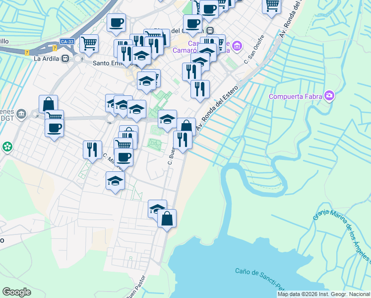 map of restaurants, bars, coffee shops, grocery stores, and more near 50 Avenida Ronda del Estero in San Fernando