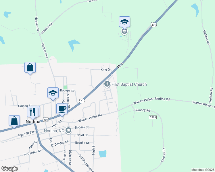 map of restaurants, bars, coffee shops, grocery stores, and more near 300 Washington Street in Norlina