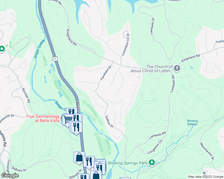 map of restaurants, bars, coffee shops, grocery stores, and more near 17 Chudleigh Ln in Bella Vista