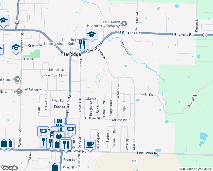 map of restaurants, bars, coffee shops, grocery stores, and more near 990 Harrison Street in Pea Ridge