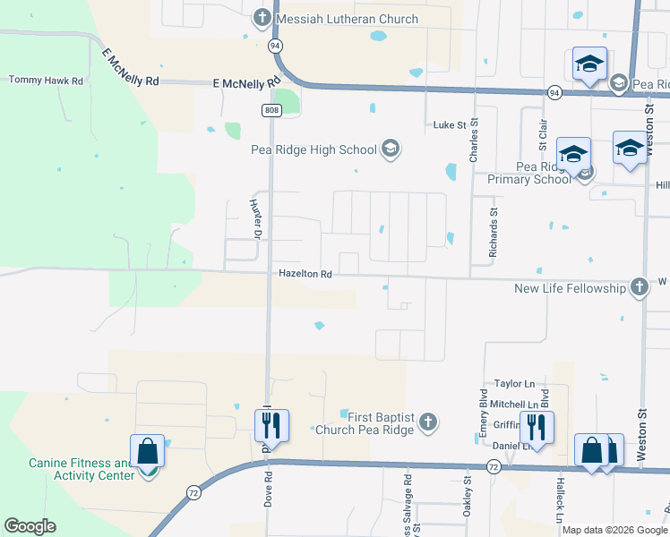 map of restaurants, bars, coffee shops, grocery stores, and more near 1850 Hazelton Road in Pea Ridge