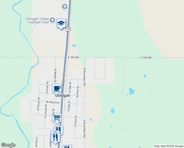 map of restaurants, bars, coffee shops, grocery stores, and more near 207 Will Rogers Loop West in Oologah