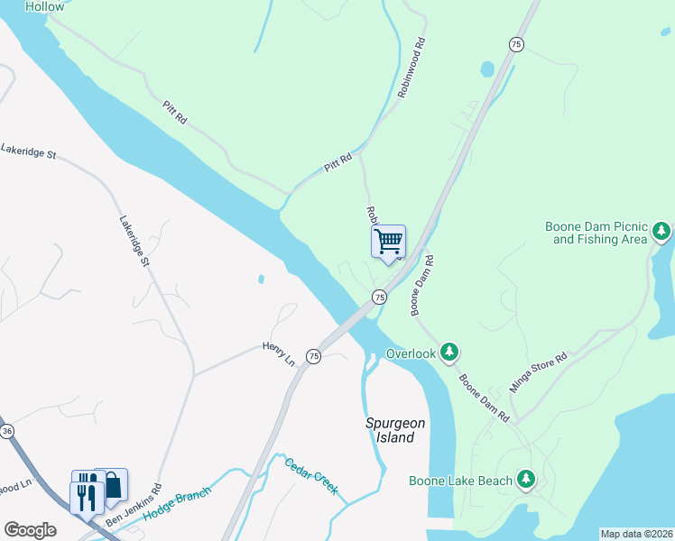 map of restaurants, bars, coffee shops, grocery stores, and more near 136 River Bridge Road in Kingsport