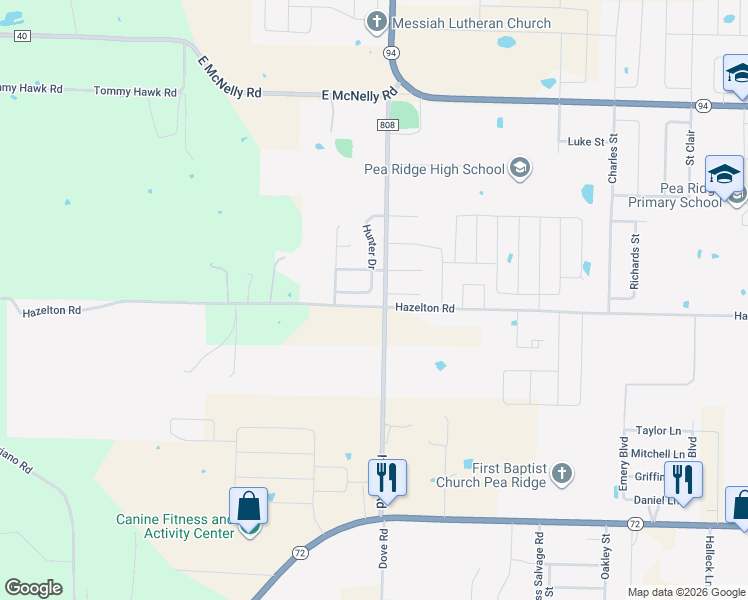 map of restaurants, bars, coffee shops, grocery stores, and more near 2241 Hunter Drive in Pea Ridge
