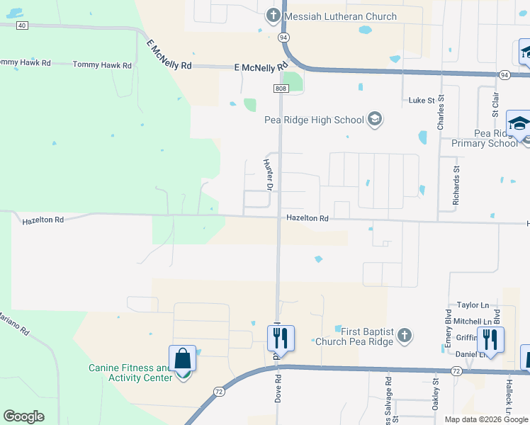 map of restaurants, bars, coffee shops, grocery stores, and more near 2241 Hunter Drive in Pea Ridge