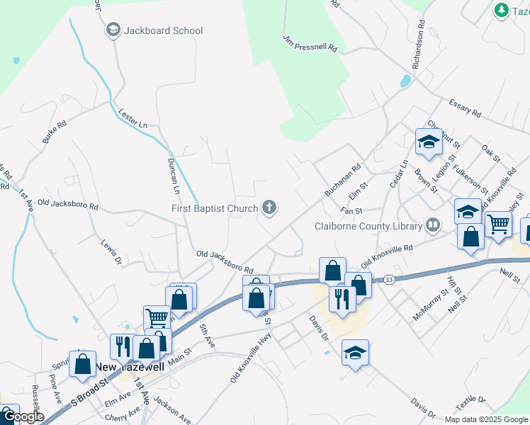 map of restaurants, bars, coffee shops, grocery stores, and more near 814 Buchanan Road in New Tazewell