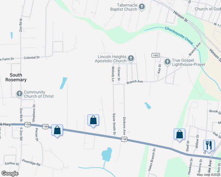 map of restaurants, bars, coffee shops, grocery stores, and more near 381 Davie Smith Street in Roanoke Rapids