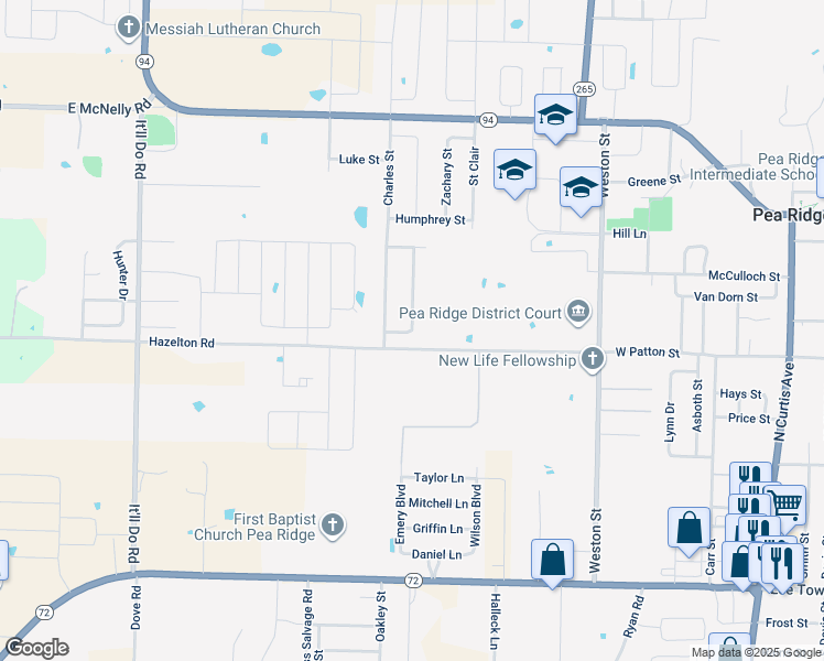 map of restaurants, bars, coffee shops, grocery stores, and more near 1060 Richards Street in Pea Ridge