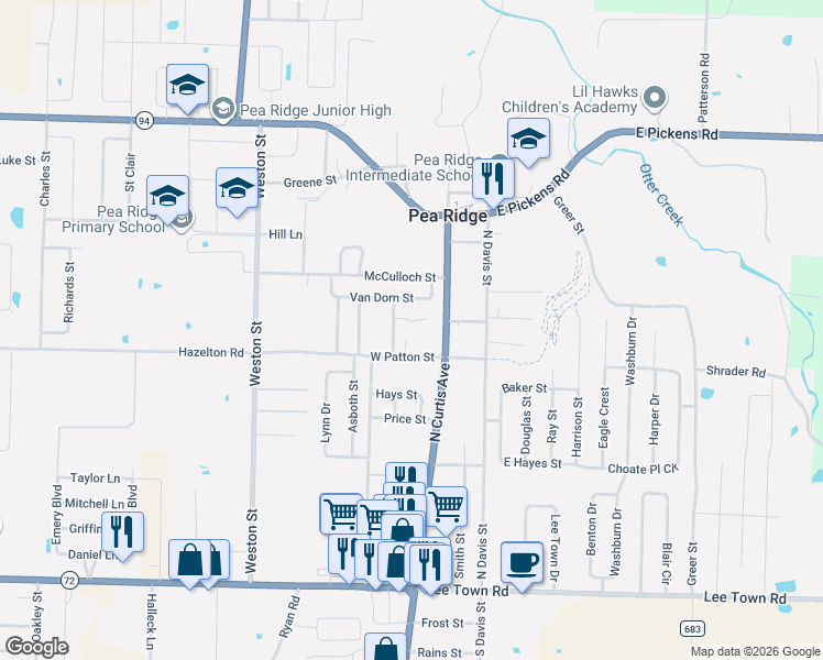 map of restaurants, bars, coffee shops, grocery stores, and more near 955 North Curtis Avenue in Pea Ridge