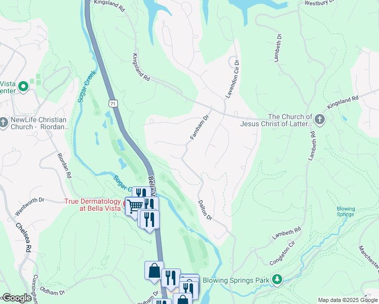map of restaurants, bars, coffee shops, grocery stores, and more near 40 Dalton Drive in Bella Vista