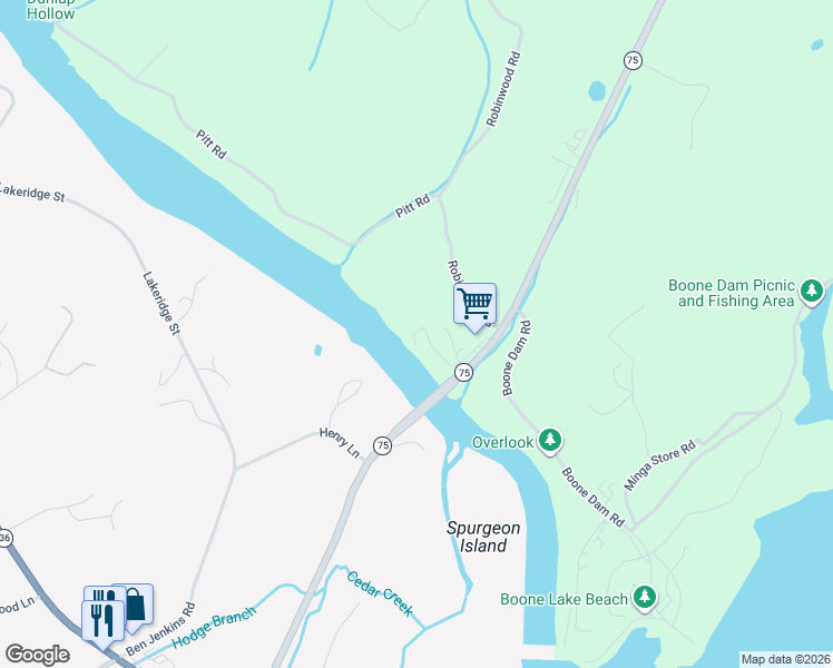 map of restaurants, bars, coffee shops, grocery stores, and more near 136 River Bridge Road in Kingsport