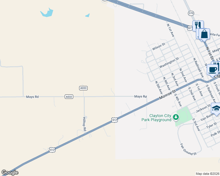 map of restaurants, bars, coffee shops, grocery stores, and more near 3 Mays Road in Clayton