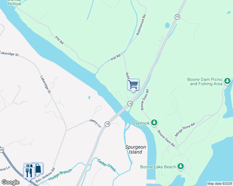 map of restaurants, bars, coffee shops, grocery stores, and more near 136 River Bridge Road in Kingsport