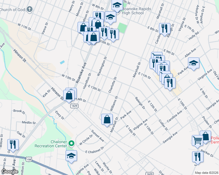map of restaurants, bars, coffee shops, grocery stores, and more near 1245 Charlotte Street in Roanoke Rapids