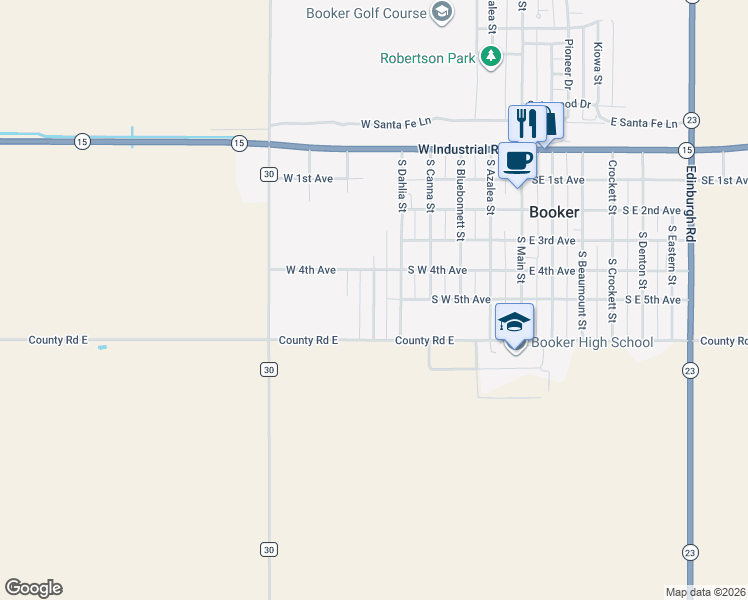 map of restaurants, bars, coffee shops, grocery stores, and more near 424 South Evergreen Street in Booker