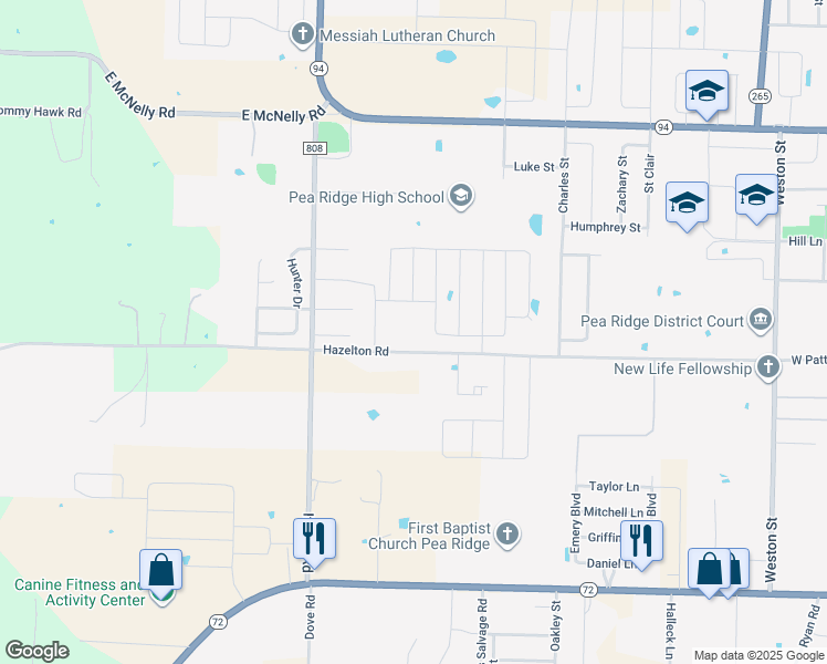 map of restaurants, bars, coffee shops, grocery stores, and more near 1850 Hazelton Road in Pea Ridge