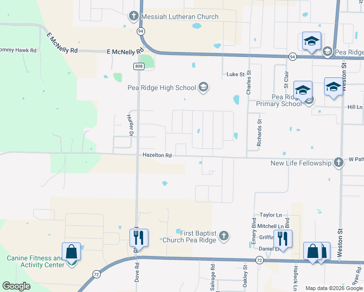 map of restaurants, bars, coffee shops, grocery stores, and more near 1850 Hazelton Road in Pea Ridge