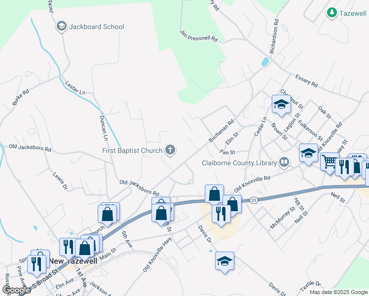 map of restaurants, bars, coffee shops, grocery stores, and more near 814 Buchanan Road in New Tazewell