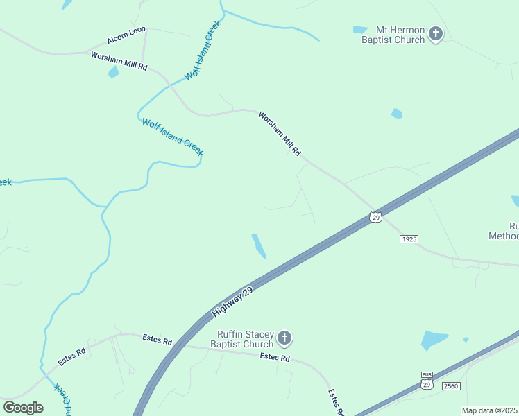 map of restaurants, bars, coffee shops, grocery stores, and more near 612 Worsham Mill Road in Ruffin