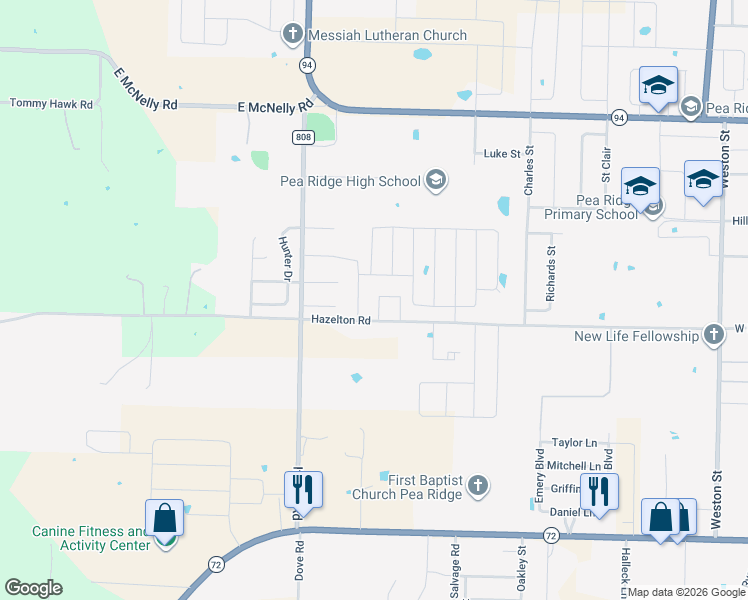 map of restaurants, bars, coffee shops, grocery stores, and more near 1850 Hazelton Road in Pea Ridge