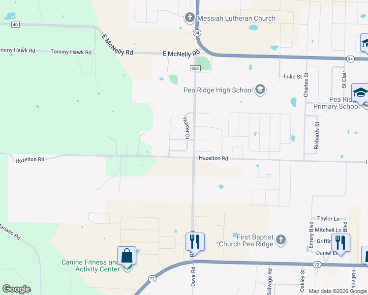 map of restaurants, bars, coffee shops, grocery stores, and more near 2241 Hunter Drive in Pea Ridge