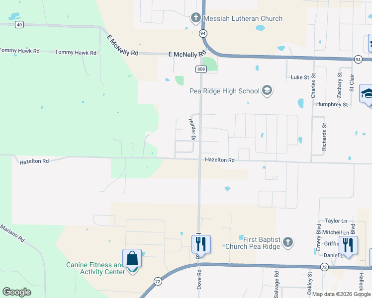 map of restaurants, bars, coffee shops, grocery stores, and more near 2241 Hunter Drive in Pea Ridge
