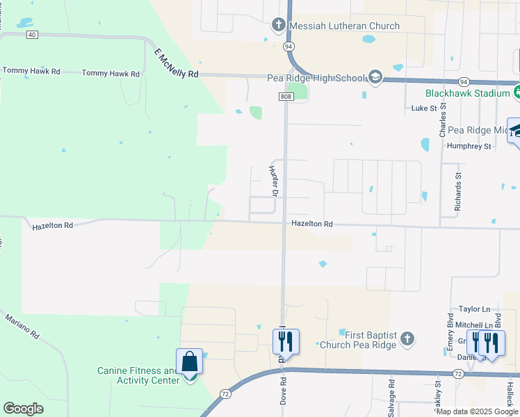 map of restaurants, bars, coffee shops, grocery stores, and more near 2241 Hunter Drive in Pea Ridge