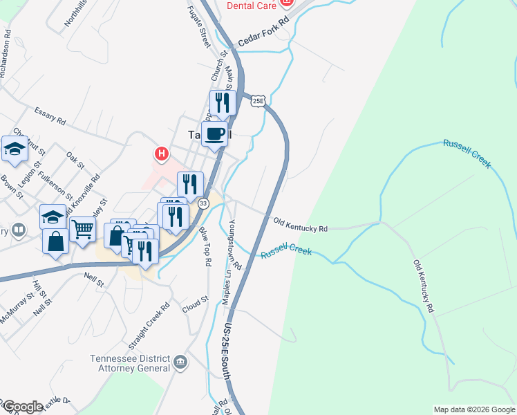 map of restaurants, bars, coffee shops, grocery stores, and more near 224 Youngstown Road in Tazewell