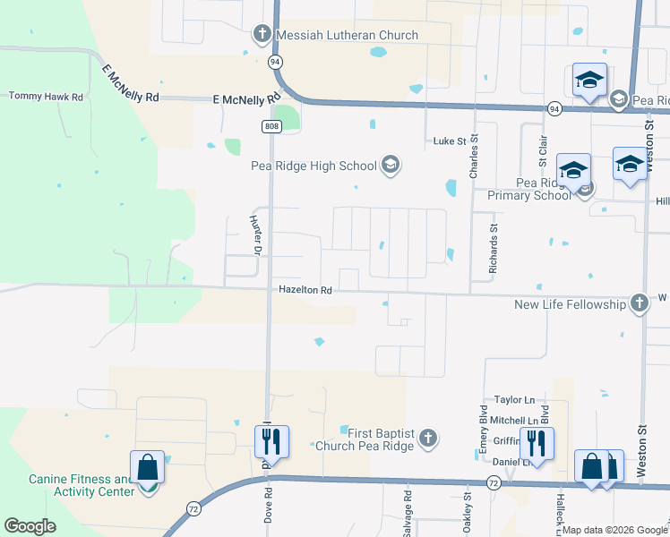 map of restaurants, bars, coffee shops, grocery stores, and more near 1850 Hazelton Road in Pea Ridge