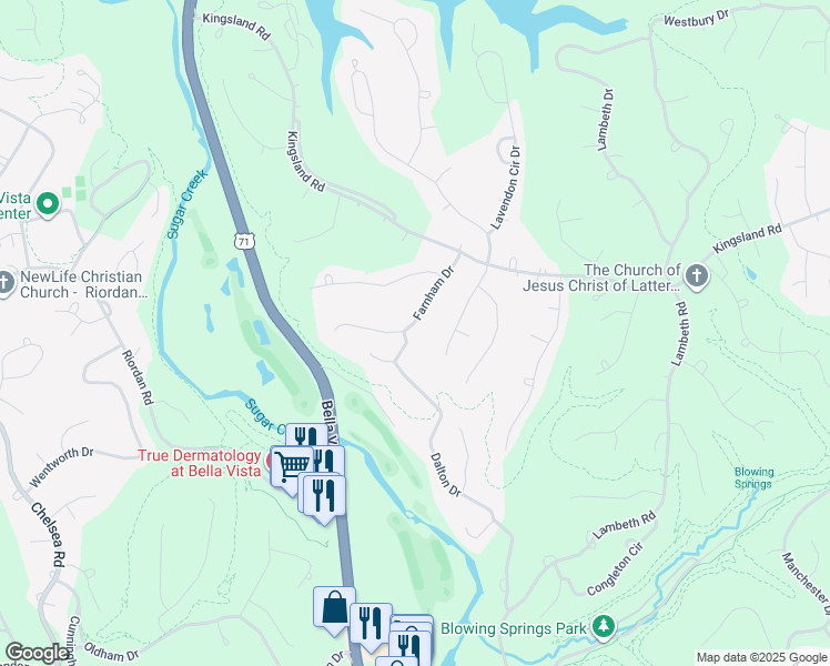 map of restaurants, bars, coffee shops, grocery stores, and more near 40 Dalton Drive in Bella Vista