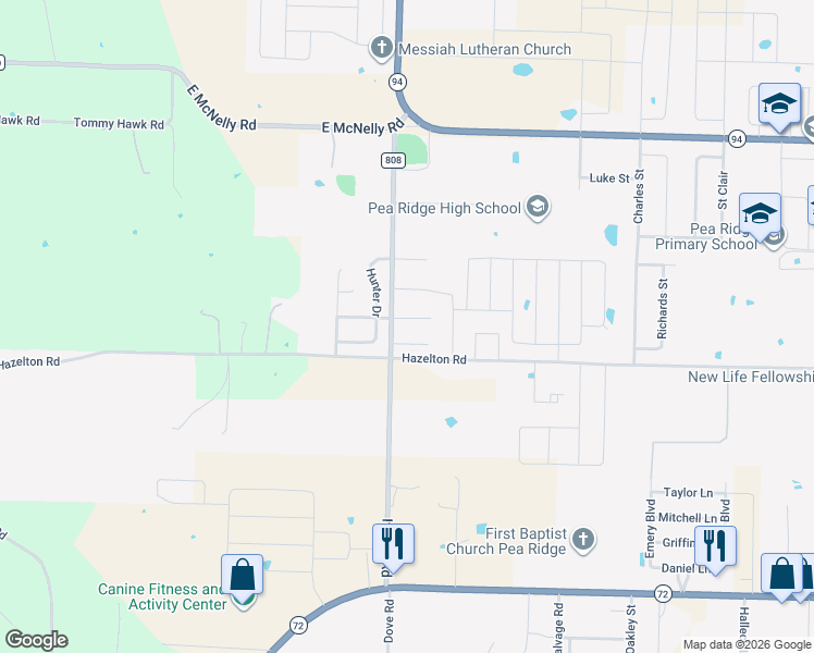 map of restaurants, bars, coffee shops, grocery stores, and more near 2070 Fields Cove in Pea Ridge